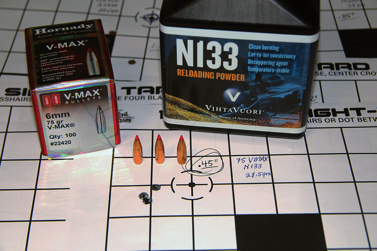 Hornady’s 75-grain V-MAX produced a sub-½-MOA group when seated over 28.5 grains of Vihtavuori N-133 and leaving the Carbon Elevate’s muzzle at 3,009 fps.